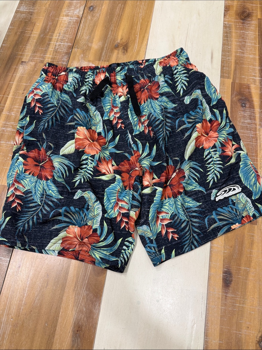 Men's Black Tropical Floral Swim Hybrids with Red Hibiscus